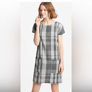 Eileen Fisher Organic Linen Cotton Plaid V-Neck Back Dress Size M